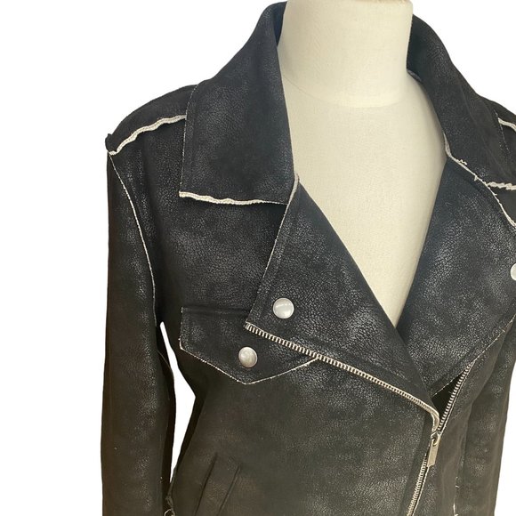 Splendid Faux Suede Moto Jacket Black Distressed Grunge Edgy Biker Y2K-M - Picture 5 of 14